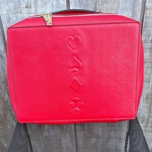 Like New Estee Lauder Red Faux Leather Cosmetic Bag with Card Suit Design